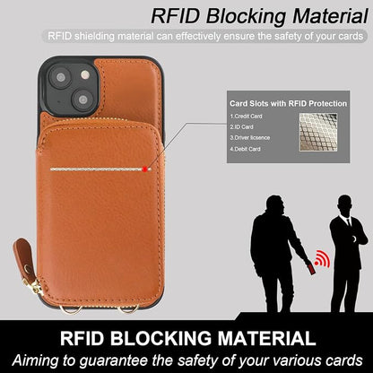Bocasal RFID Blocking Wallet Case for iPhone 14 Plus, Adjustable Crossbody Zipper Purse Case Card Holder with Kickstand Detachable Wrist Strap, PU Leather Flip Folio Case 6.7 Inch 5G (Brown)