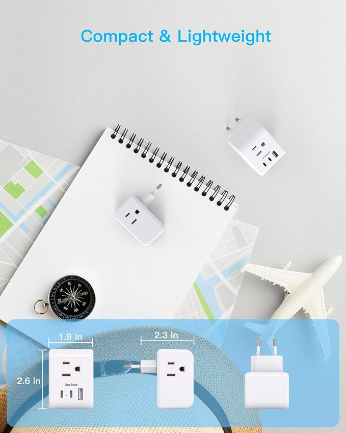 One Beat 2 Pack European Travel Plug Adapter, Type C International Power Adapter with 3 Outlets and 3 USB Ports (2 USB-C), Travel Essentials for USA to Europe, Spain, Italy, France, Germany, EU