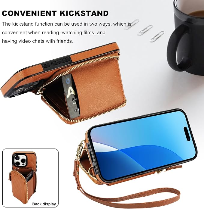 Bocasal Crossbody Wallet Case for iPhone 16 Pro, RFID Blocking PU Leather Zipper Handbag Purse Flip Cover, Kickstand Folio Case with Card Slots Holder Wrist Strap Lanyard 5G 6.3 Inch (Brown)