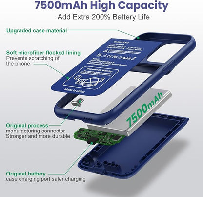Feob Battery Case for iPhone 13/13 Pro/14,[2025 Upgraded] 7500 mAh Ultra-Slim Portable Extended Charger Cover for iPhone 13/13 Pro/14 Charging Case (6.1 Inch)-Blue