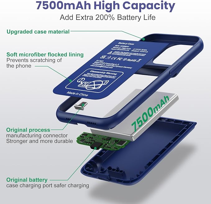 Battery Case for iPhone 14/13/13 Pro (6.1 Inch),Upgraded 7500mAh Ultra-Slim Portable Charging Case Rechargeable Protective Extended Battery Pack for iPhone 14/13/13 Pro Charger Cover-Blue