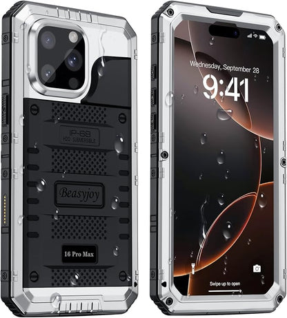 Beasyjoy for iPhone 16 Pro Max Case Waterproof, Metal Heavy Duty Full Body Protective Case with Built-in Screen Protector, Military Grade Shockproof Defender Cover for iPhone 16 Pro Max 6.9", Silver