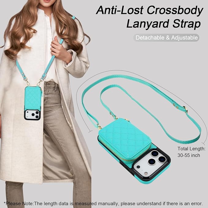 Bocasal Crossbody Wallet Case for iPhone 17 Pro, RFID Blocking PU Leather Zipper Handbag Purse Flip Cover, Kickstand Folio Case with Card Slots Holder Wrist Strap Lanyard 5G 6.3 Inch (Mint Green)