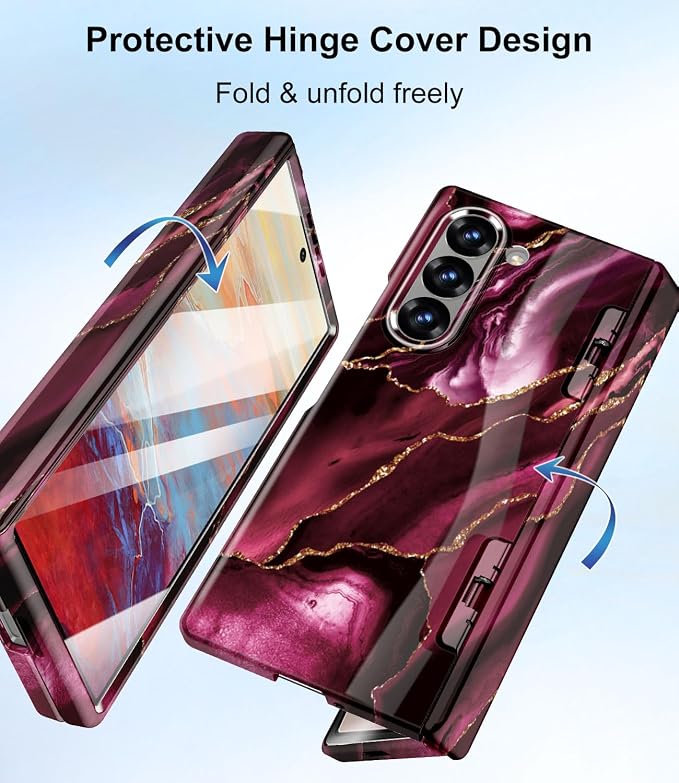 Btscase for Samsung Galaxy Z Fold 6 Case,Built in Front Screen Protector,Gold Glitter Marble Pattern Hard PC Slim Shockproof Full Body Drop Protective Case for Galaxy Z Fold 6 5G, Wine Red