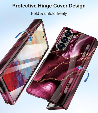 Btscase for Samsung Galaxy Z Fold 6 Case,Built in Front Screen Protector,Gold Glitter Marble Pattern Hard PC Slim Shockproof Full Body Drop Protective Case for Galaxy Z Fold 6 5G, Wine Red