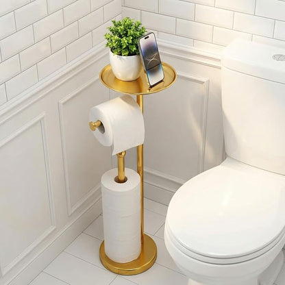 Standing Toilet Paper Holder Gold, TP Holder with 6.7" Phone Shelf, Holds 5 Rolls, Stainless Steel (Gold)