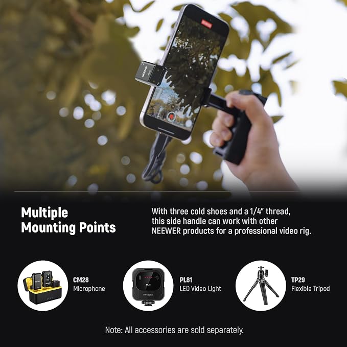 NEEWER Bluetooth Side Handle Shutter Release with 2.2"-3.2"/55-82mm 360° Phone Clamp & SSD Holder, Cold Shoes, 100mAh Rechargeable Battery Compatible with iPhone Samsung T5/T7/T9 SSD, PA028E