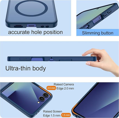 Pilaru for Samsung Galaxy Z Flip 7 case [Compatible with Magsafe] Translucent Matte Magnetic Phone Case,Slim Thin Duty Shockproof Protection Cover with 2pc HD Screen Protector-Dark Blue