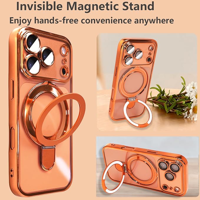 for iPhone 17 Pro Case Magnetic Stand,[Compatible with Magsafe] [Military Protection][Camera Lens Protector] Phone Case Cover for iPhone 17 Pro 6.3" - Orange