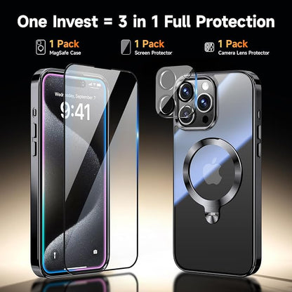 [Tri-Shield Protection] for iPhone 15 Pro Case with 360° Spin Stand Compatible with MagSafe [Magnetic CD Ring] [Screen & Camera Lens Protector] Shockproof Plating Never-Yellowing, Black-6.1"