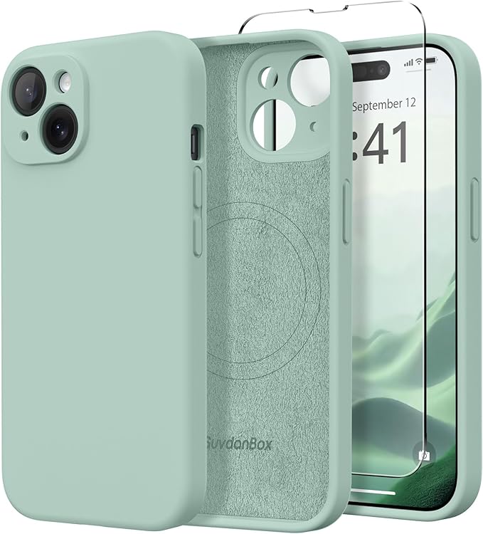 Magnetic for iPhone 15 Case, Compatible with MagSafe, [Screen Protector + Full Camera Protection], Silicone Shockproof Anti-Scratch Protective Phone Case for iPhone 15 6.1", Mint