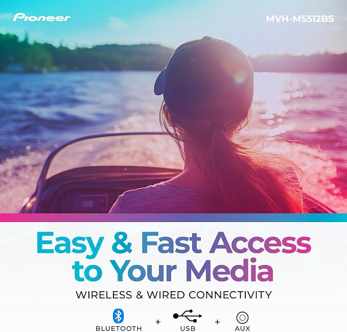 Pioneer MVH-MS512BS Marine Digital Media Receiver – Bluetooth, SiriusXM, USB, FLAC, Conformal Coating, Color Change, White Display for Outdoor, AM/FM Radio, Hi-Volt RCA, iPhone/Android Compatible
