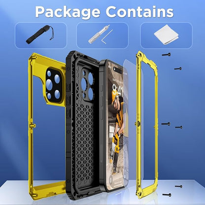 Mitywah Waterproof Case for iPhone 16 Pro, Shockproof Heavy Duty Case with Built-in Screen Protector, Underwater Full Body Protective Metal Case 6.3 inch, Yellow