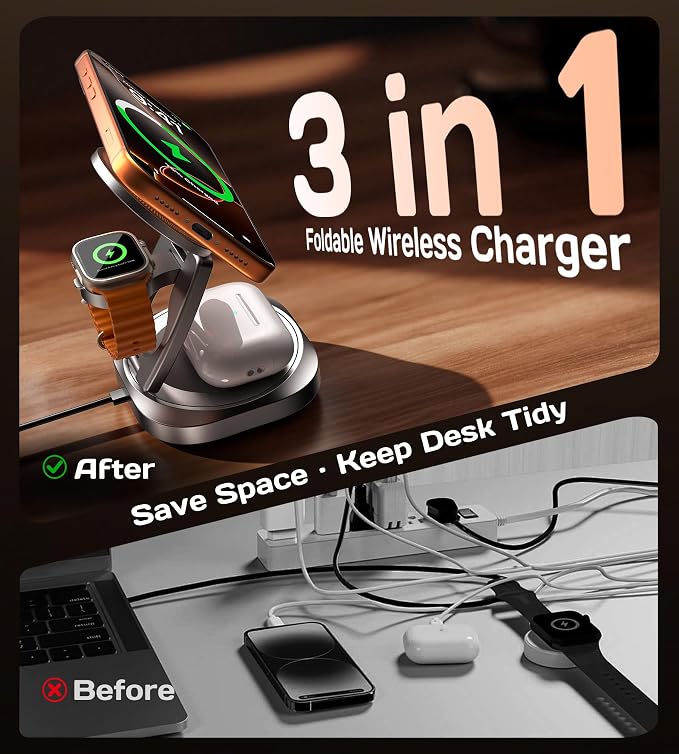 Qi2.2 25W 3-in-1 Wireless Charger for iPhone 17/16 Series, Foldable Wireless Charging Station Compatible with MagSafe, 360° Swivel Zinc Alloy Base for Apple Watch & AirPods (45W Adapter Included)
