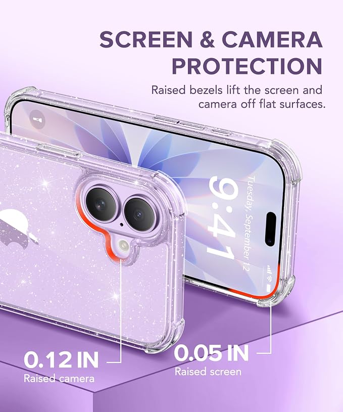 BERFY for iPhone 17 Case for Women, Clear Glitter Shockproof Protective Case, Anti-Yellowing, with Screen Protector & Camera Lens Protector 6.3", Sparkle Clear
