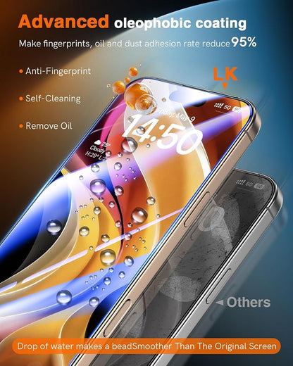 LK 2 Pack for iPhone 17/17 Pro / 16 Pro Screen Protector Tempered Glass, Military Grade Shatterproof [Auto Dust-Elimination, 0 Dust & Bubbles] Anti-Scratch, Max Coverge Screen Protector