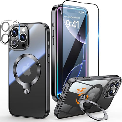 [Tri-Shield Protection] for iPhone 16 Pro Max Case with 360° Spin Stand Compatible with MagSafe [Magnetic CD Ring][Screen & Camera Lens Protector] Shockproof Plating Never-Yellowing, Black-6.9"