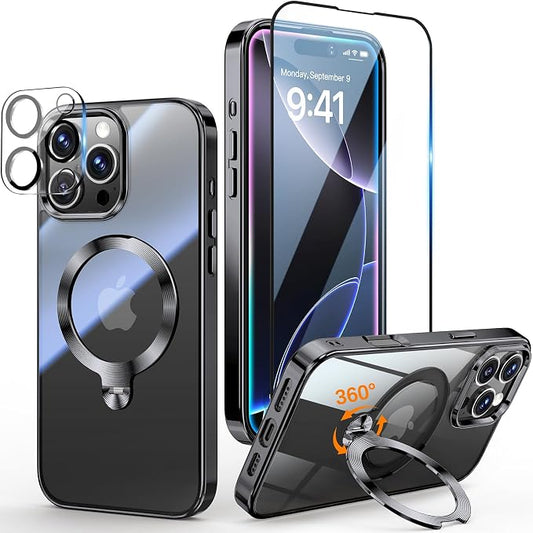 [Tri-Shield Protection] for iPhone 16 Pro Max Case with 360° Spin Stand Compatible with MagSafe [Magnetic CD Ring][Screen & Camera Lens Protector] Shockproof Plating Never-Yellowing, Black-6.9"