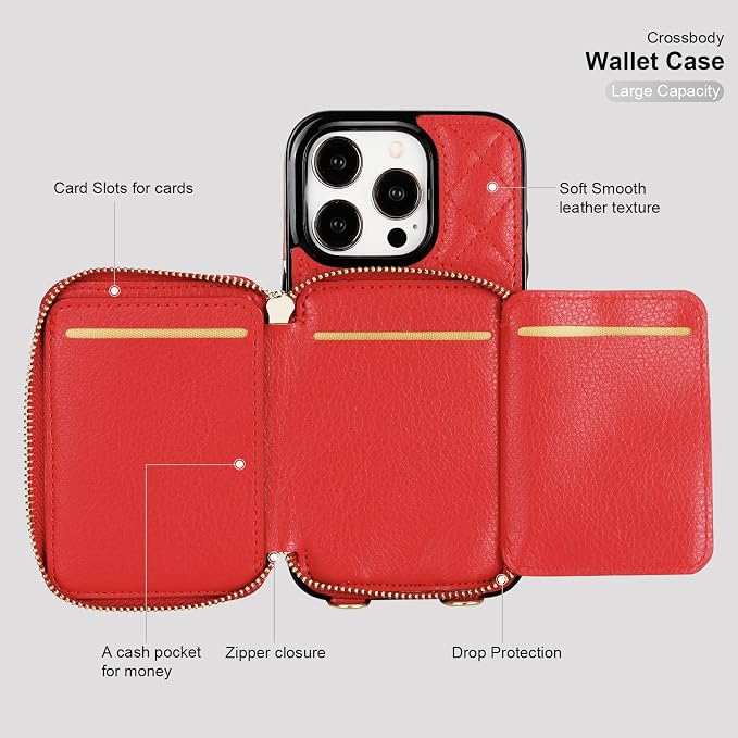 Bocasal Crossbody Wallet Case for iPhone 15 Pro, RFID Blocking PU Leather Zipper Handbag Purse Flip Cover, Kickstand Folio Case with Card Slots Holder Wrist Strap Lanyard 5G 6.1 Inch (Red)