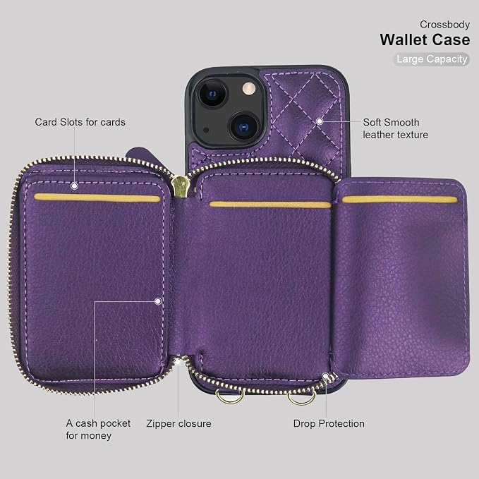 Bocasal Crossbody Wallet Case for iPhone 13, RFID Blocking PU Leather Zipper Handbag Purse Flip Cover, Kickstand Folio Case with Card Slots Holder Wrist Strap Lanyard 5G 6.1 Inch (Dark Purple)