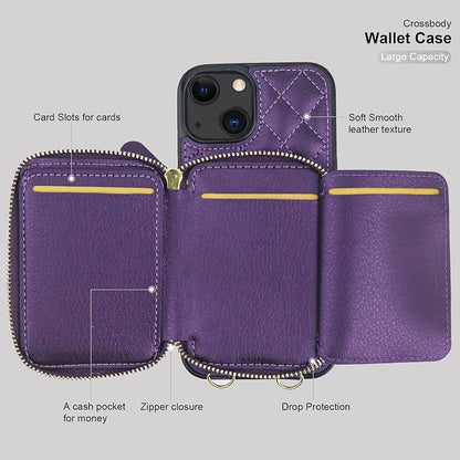 Bocasal Crossbody Wallet Case for iPhone 13, RFID Blocking PU Leather Zipper Handbag Purse Flip Cover, Kickstand Folio Case with Card Slots Holder Wrist Strap Lanyard 5G 6.1 Inch (Dark Purple)