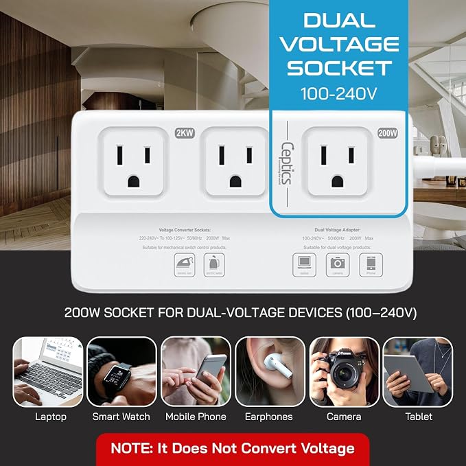 Ceptics 220v to 110v Converter for Travel, 2000W Voltage Converter US to Europe with 3 AC outlets, 4 USB Ports (2X USB-C) and 6 SWadAPt attachments