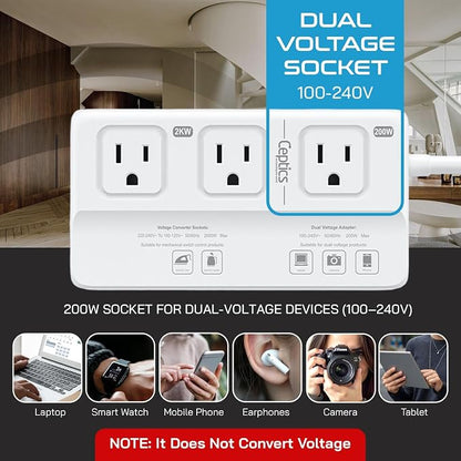 Ceptics 220v to 110v Converter for Travel, 2000W Voltage Converter US to Europe with 3 AC outlets, 4 USB Ports (2X USB-C) and 6 SWadAPt attachments