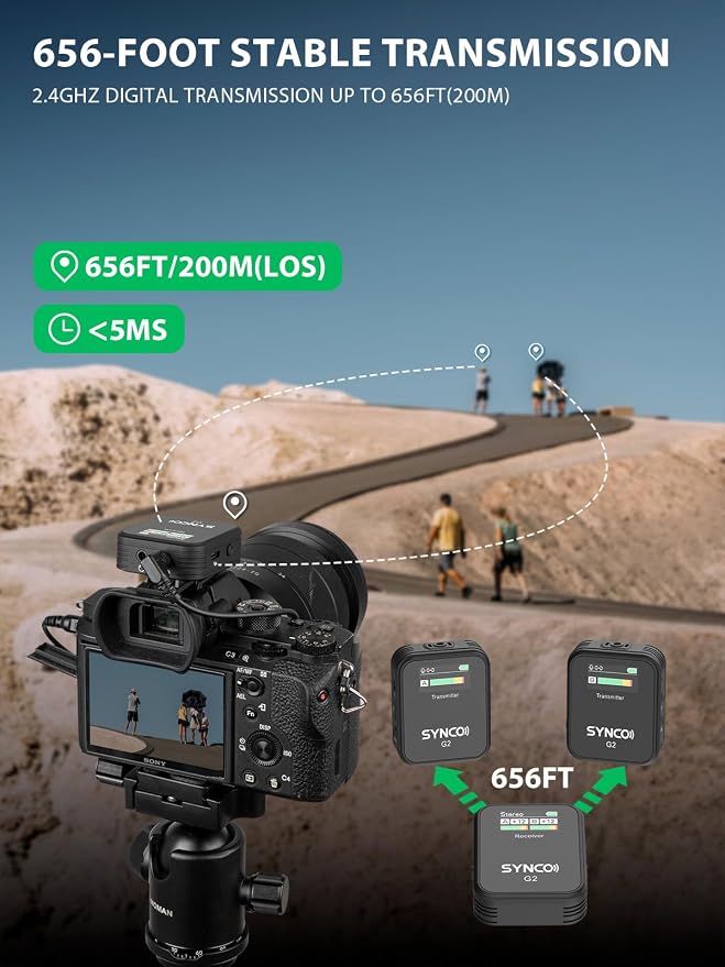 SYNCO Wireless Lavalier Microphone, G2(A2) 2.4G Dual Transmitter 48KHz 24Bit Lapel Mic 656FT 8H for Vlogging Live Streaming YouTube for Camera Smartphone Tablet