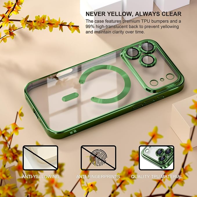 Misea Magnetic for iPhone 17 Pro Case Compatible with MagSafe [Never Yellowing] [Military Grade Drop Protection] Full Camera Lens Protector Plating Soft Clear Phone Case for Women, Green