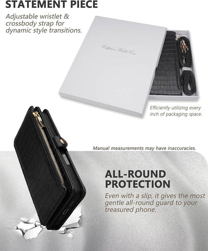Crossbody Wallet Case for iPhone 16 Pro with Mirror, Wrist Strap, Zipper Purse Magnetic Flip RFID Blocking Card Holder, Wireless Charging, PU Leather Shockproof 6.3" Women (Black)