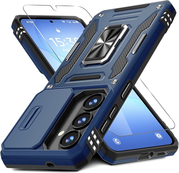 DEERLAMN Case for Samsung Galaxy S26+ Plus 6.7-Inch with Slide Camera Cover+Screen Protector(1 Pack), Rotated Ring Kickstand Military Grade Shockproof Protective Cover-Navy Blue