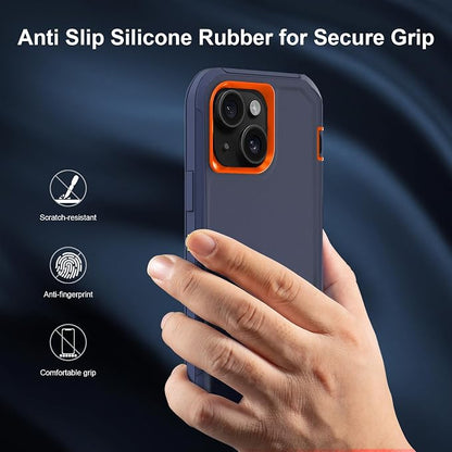 Sansunto for iPhone 16e Case, Protective Cover for 13, 14, 15, 16E 6.1", Heavy Duty Shockproof Drop Proof 3 in 1 Cover, Rugged Hybrid Durable Phone Cases for Men & Women (Indigo/Orange)