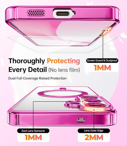 Meifigno Case Designed for Samsung Galaxy S25 6.2 inch, [Compatible with MagSafe] [2X HD Screen Protectors] [Glitter Card & Wrist Strap] Surround Lens Protection Case for Samsung Galaxy S25, Hot Pink