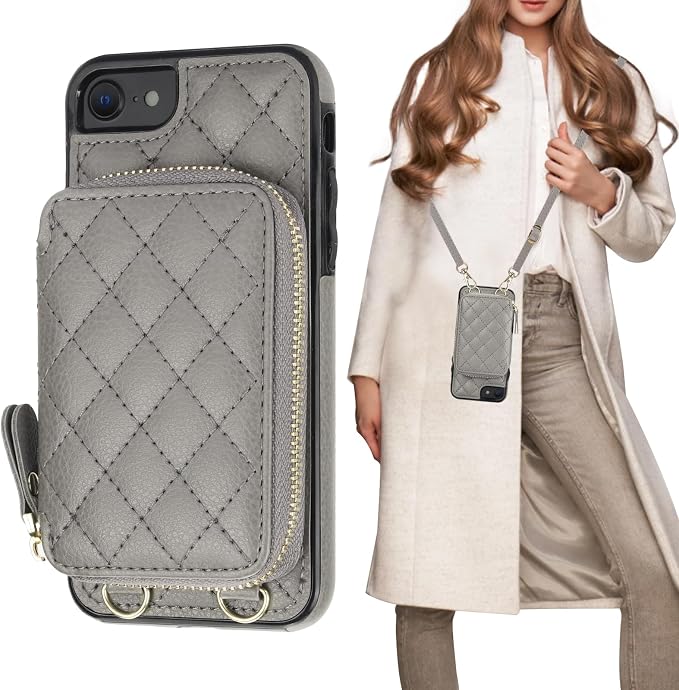 Bocasal Crossbody Wallet Case for iPhone SE 2022/SE 2020/8/7, RFID Blocking PU Leather Zipper Handbag Purse Flip Cover, Kickstand Folio Case with Card Slots Holder Wrist Strap Lanyard 4.7 Inch (Grey)