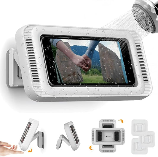 Mistriddle Waterproof Shower Phone Holder with 360° Rotation, Angle Adjustable, Enhanced Sound Quality, Wall Mounted Phone Holder for Bathroom Mirror Bathtub Kitchen, Up to 7 Inch (White)