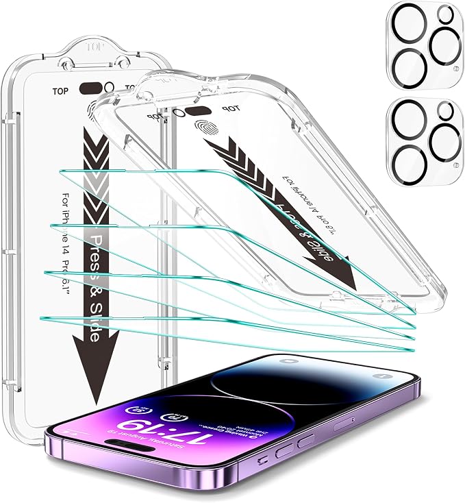 EZ-GLAZ- 4 Pack for iPhone 14 Pro Screen Protector[6.1"] With 2 Pack Camera Lens Protector, 9H+ Hardness 12FT Military Grade Shatterproof Scratch Resistant Durable Tempered Glass Film with Flawless Fit Kit, HD Clear