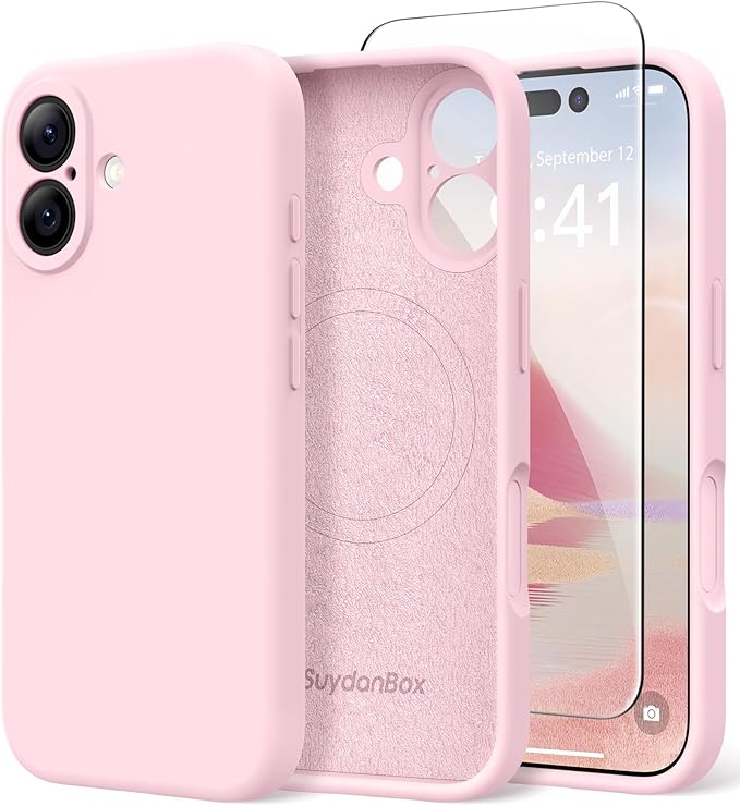 Magnetic for iPhone 16 Case, Compatible with MagSafe, [Screen Protector + Full Camera Protection], Silicone Shockproof Anti-Scratch Protective Phone Case for iPhone 16 6.1", Chalk Pink