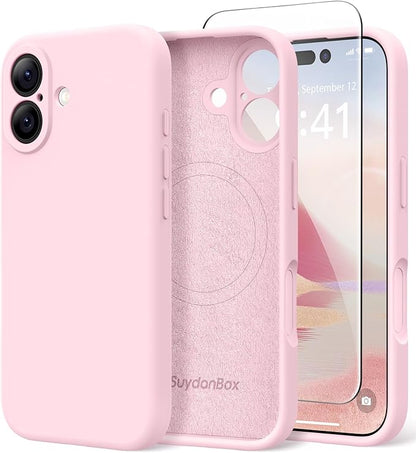 Magnetic for iPhone 16 Case, Compatible with MagSafe, [Screen Protector + Full Camera Protection], Silicone Shockproof Anti-Scratch Protective Phone Case for iPhone 16 6.1", Chalk Pink