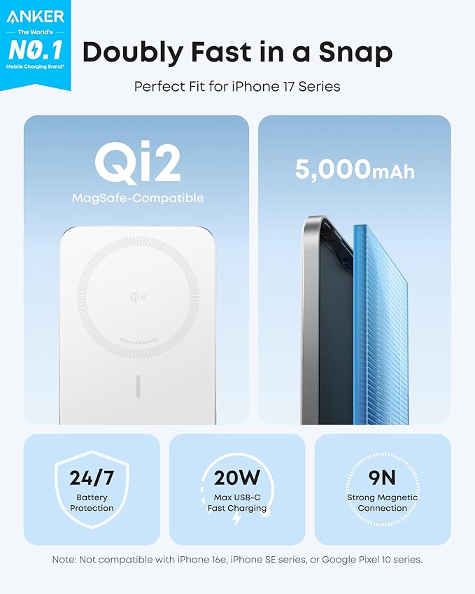Anker Nano MagSafe Power Bank, Ultra-Slim 5,000mAh Magnetic Wireless Charging Battery, Qi2 Certified 15W Max MagSafe-Compatible Portable Charger, Ergonomic Design, for iPhone Air/17/16 Series
