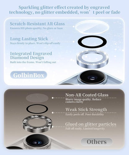 GolbinBox Camera Lens Protector for iPhone 13 Pro/13 Pro Max, 1:1 Invisible Fit, 9H Tempered Glass Ultra HD Metal Individual Camera Cover for Women, Case Friendly, Bling/Blue