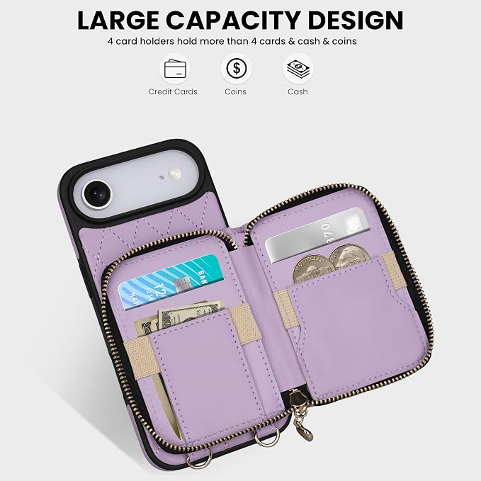 Keallce Case for iPhone Air 6.5'' Wallet Case, Crossbody Zipper Purse with Wrist Strap Lanyard Handbag, RFID Blocking Card Holders, Kickstand Flip Leather Cover for iPhone 17 Air, Purple