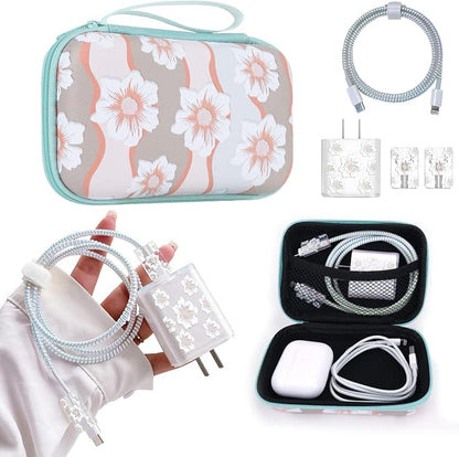 Cute Floral Phone Charger Storage Case Cover Set White Camellia Flowers Design Travel Carrying Bag with Cable Protector Cord Organizer, Lightning Cable Chomper,Charger Saver Compatible for iPhone