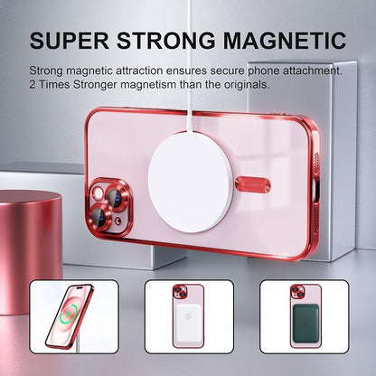Misea Magnetic for iPhone 15 Case Compatible with MagSafe [Never Yellowing] [Military Grade Drop Protection] Full Camera Lens Protector Plating Soft Clear Phone Case for Women, Red
