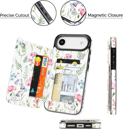 uCOLOR for iPhone 17 Air Wallet Case with Card Holder PU Leather RFID Blocking Design iPhone Air flip case for Women Men Magnetic Clasp Kickstand Design 6.5 inch (Pink Flowers)