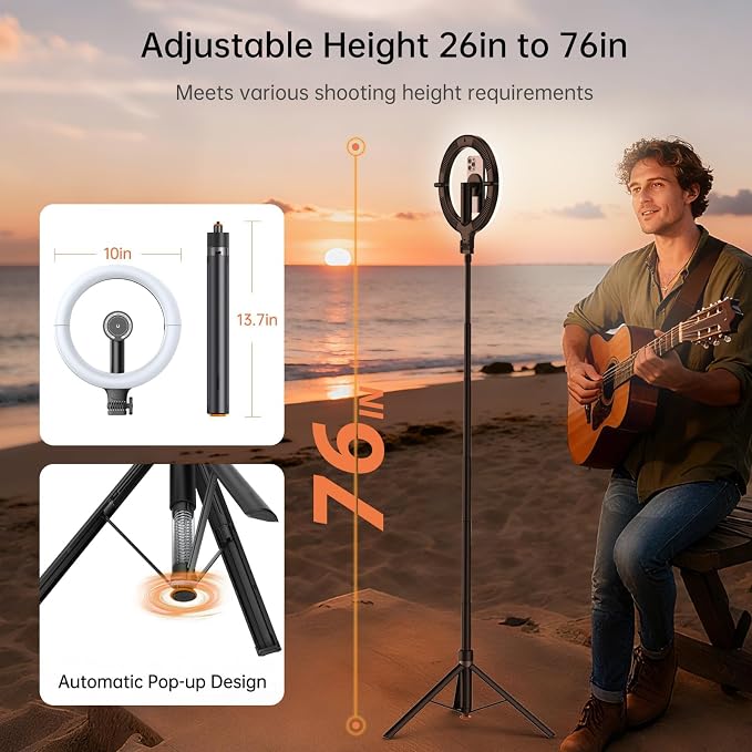 10.2" Magnetic Ring Light with 64" Tripod for iPhone Mag Safe, 5000mAh Rechargeable Ring Light with Stand, 3000k-6500K Phone Tripod with Light for Video, Photography, Live Stream, TikTok, YouTube