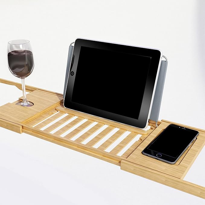 Bamboo Bathtub Tray - Wood Bath Caddy with Book, Phone, or Tablet Rest, Cup Holder, and Extended Sides for Bath Accessories by Lavish Home (Natural)
