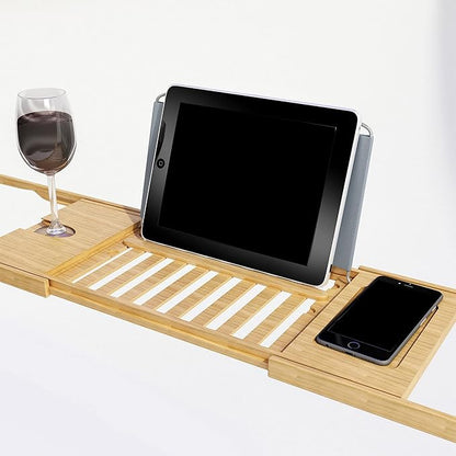 Bamboo Bathtub Tray - Wood Bath Caddy with Book, Phone, or Tablet Rest, Cup Holder, and Extended Sides for Bath Accessories by Lavish Home (Natural)