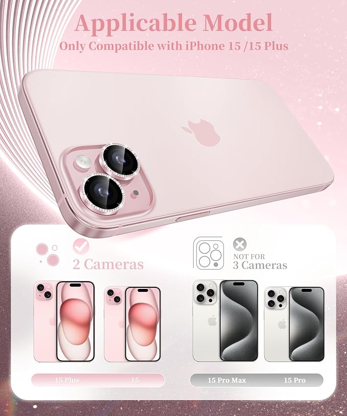 GolbinBox Camera Lens Protector for iPhone 15/15 Plus, 1:1 Invisible Fit, 9H Tempered Glass Ultra HD Metal Individual Camera Cover for Women, Case Friendly, Bling/Pink