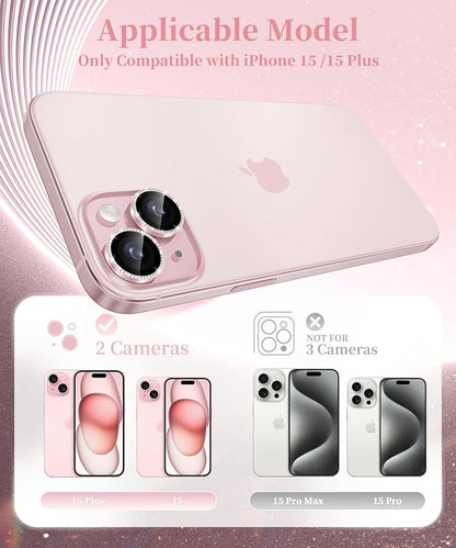 GolbinBox Camera Lens Protector for iPhone 15/15 Plus, 1:1 Invisible Fit, 9H Tempered Glass Ultra HD Metal Individual Camera Cover for Women, Case Friendly, Bling/Pink
