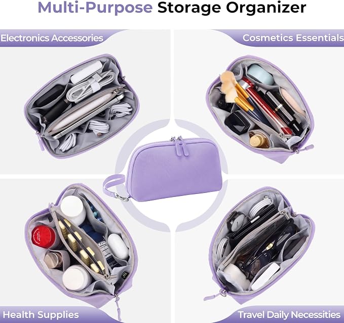 FYY Travel Cable Organizer - 8 Compartments, Lightweight, Water Repellent | With Wrist Strap, Portable Tech Pouch for Cord Charger, Travel and Business Trips Use, Soft Shell Nylon, Purple (Small)